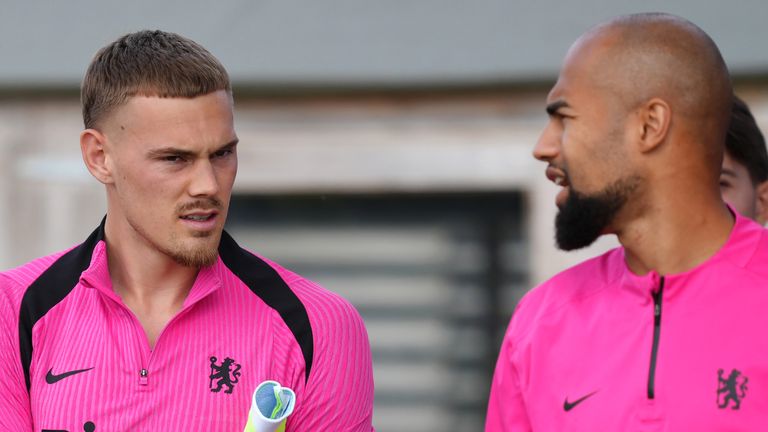Chelsea goalkeepers Filip Jorgensen and Robert Sanchez during a training session at Cobham Training Ground, London.