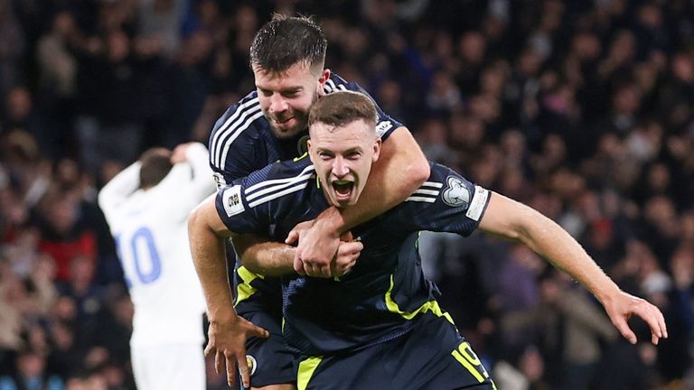 Scotland's Lewis Ferguson celebrates his first international goal