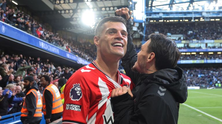 Sunderland captain Granit Xhaka celebrates his team's win at Chelsea