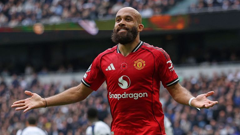 Manchester United's Bryan Mbeumo celebrates after scoring his side's opening goal (AP Photo/Ian Walton)
