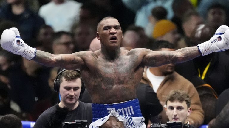 Conor Benn celebrates after beating Chris Eubank Jr 