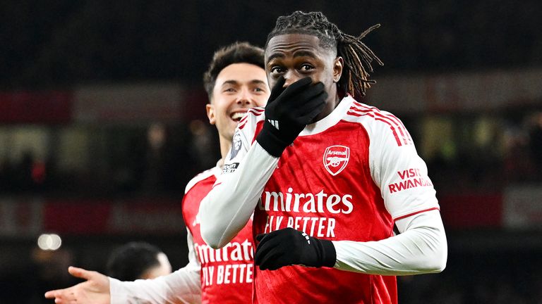 Eberechi Eze celebrates after scoring Arsenal's third goal of the game
