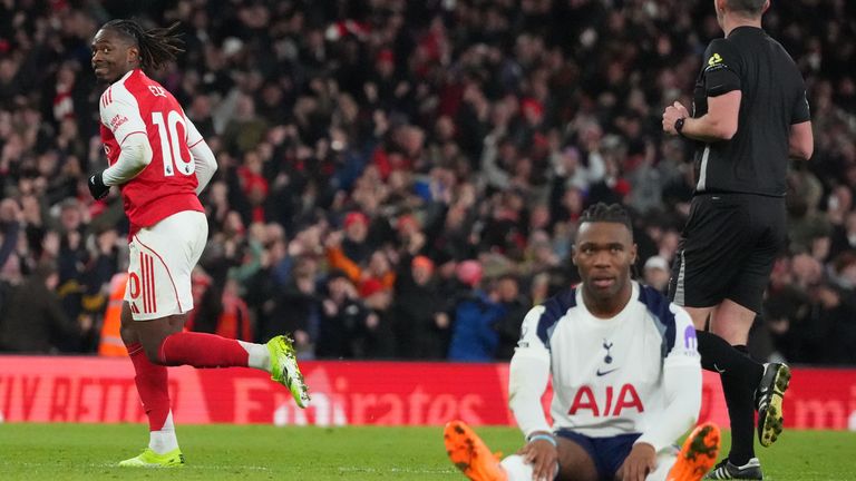 Arsenal's Eberechi Eze smiles after scoring Arsenal's fourth goal, completing his hat-trick (AP Photo/Frank Augstein)