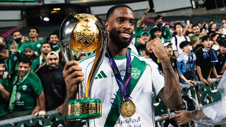 Ivan Toney of Al-Ahli celebrates with supporters after winning the Saudi Super Cup Final against Al-Nassr