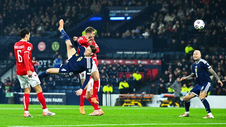 Scott McTominay opens the scoring for Scotland against Denmark with a bicycle kick