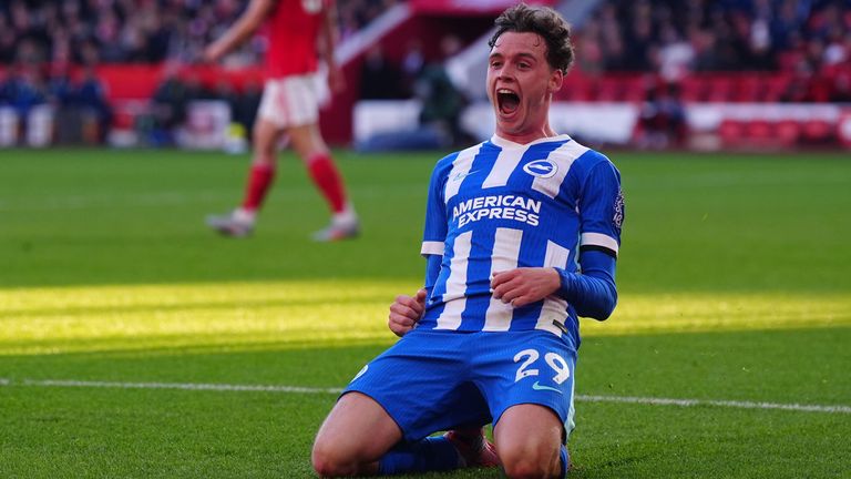 Maxim De Cuyper celebrates after giving Brighton the lead at the City Ground