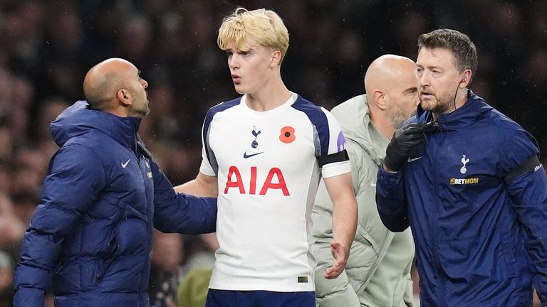 Lucas Bergvall talks with Spurs medical staff having been substituted after being struck on the head by the ball 