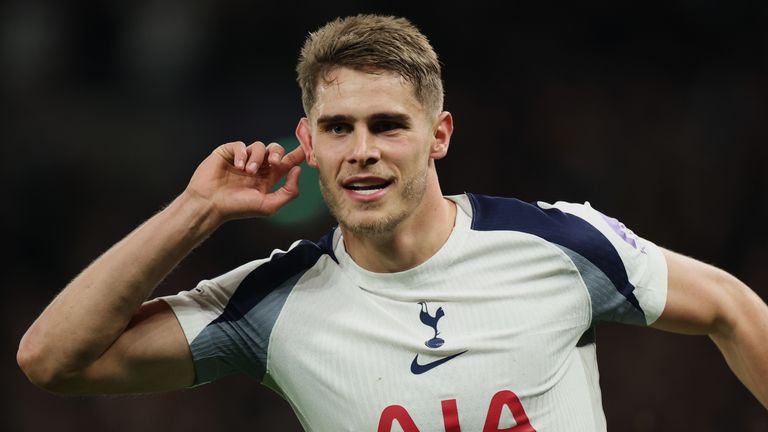 Tottenham's Micky van de Ven celebrates after scoring his side's third goal against Copenhagen
