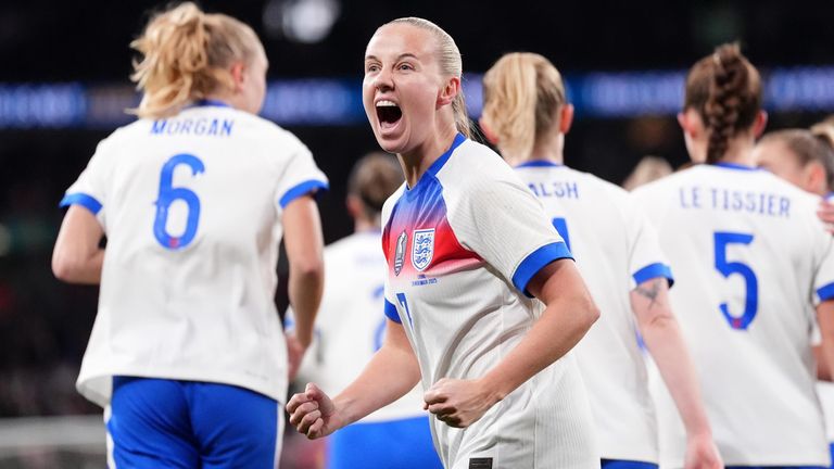 Beth Mead celebrates after opening the scoring for England in their friendly against China