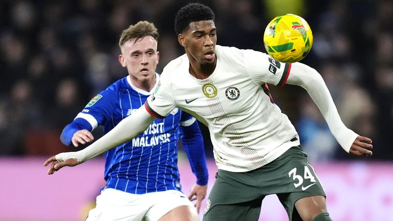 Chelsea's Josh Acheampong (right) and Cardiff City's Isaak Davies battle for the ball