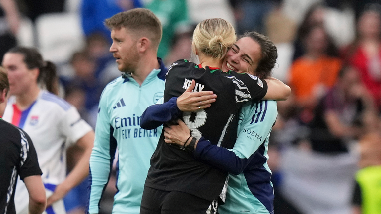 Chloe Kelly celebrates with Renee Slegers after qualifying for the Champions League final