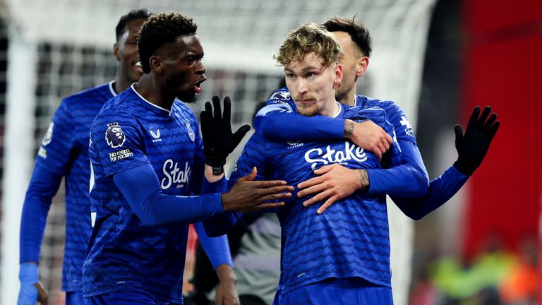 Everton's James Garner celebrates scoring the opening goal 