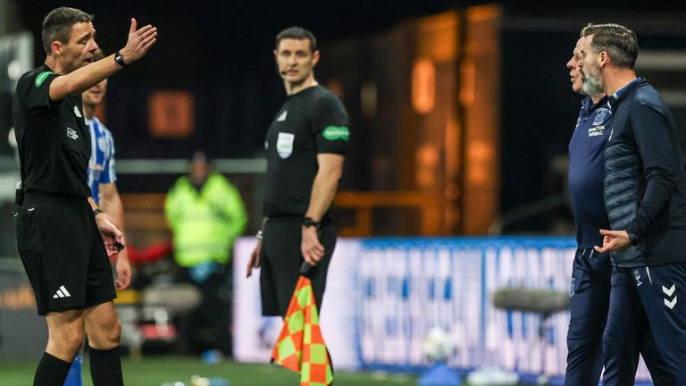 Kilmarnock manager Stuart Kettlewell (R) was sent off during the defeat to Rangers
