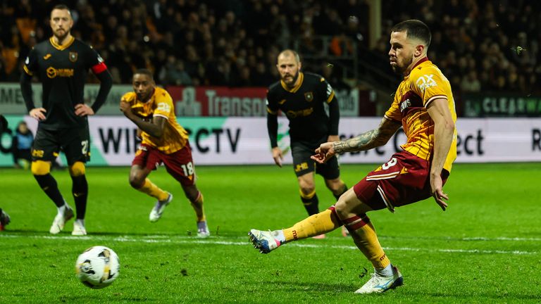 MOTHERWELL, SCOTLAND - DECEMBER 06: Motherwell's Apostolos Stamatelopoulos scores from the penalty spot to make it 2-0 during a William Hill Premiership match between Motherwell and Livingston at Fir Park, on December 06, 2025, in Motherwell, Scotland. (Photo by Craig Foy / SNS Group)
