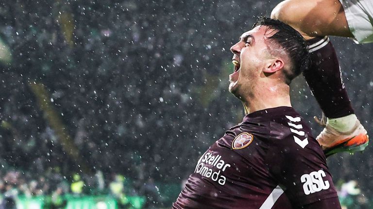 Oisin McEntee celebrates putting Hearts 2-0 up at Celtic