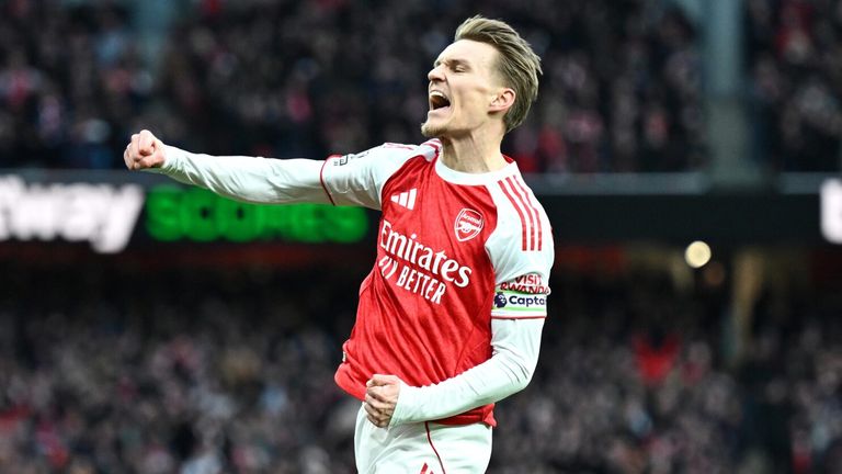 Martin Odegaard celebrates after giving Arsenal the lead agains Brighton