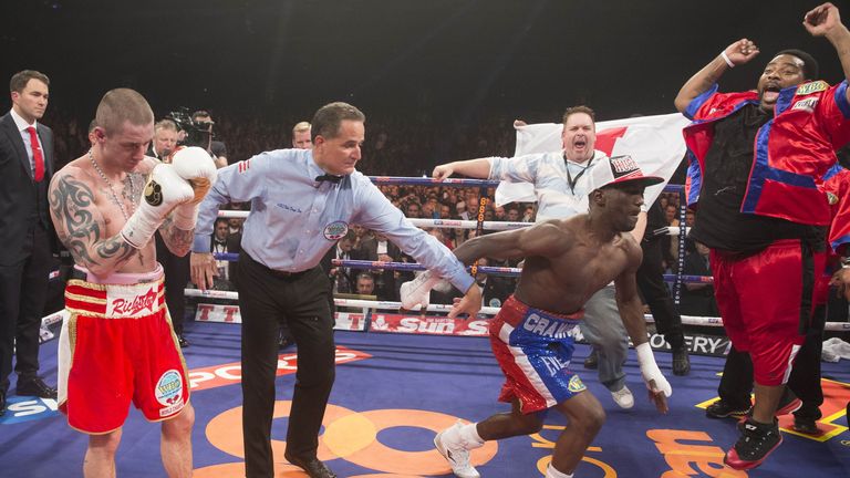 Terence Crawford celebrates his points win over Ricky Burns in Scotland