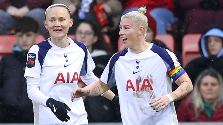 Bethany England celebrates after giving Spurs the lead against Manchester United