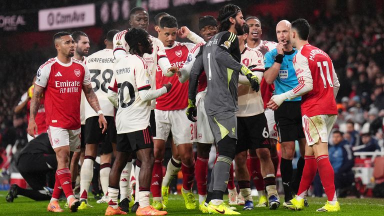 Liverpool players confronted Gabriel Martinelli after the incident
