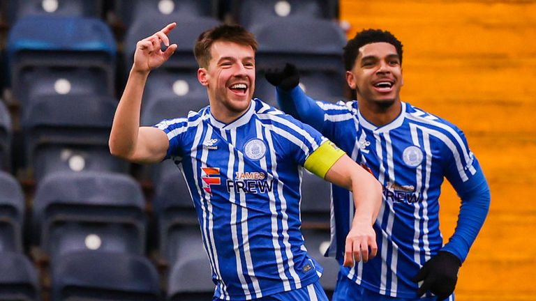KILMARNOCK, SCOTLAND - JANAURY 31: Kilmarnock's Brad Lyons (L) celebrates scoring to make it 1-0 with teammate Tyreece John-Jules during a William Hill Premiership match between Kilmarnock and Aberdeen at the BBSP Stadium Rugby Park, on Janaury 31, 2026, in Kilmarnock, Scotland. (Photo by Craig Williamson / SNS Group)