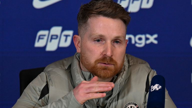 COBHAM, ENGLAND - JANUARY 2: U21 Head Coach Calum McFarlane of Chelsea during a press conference at Chelsea Training Ground on January 2, 2026 in Cobham, England. (Photo by Darren Walsh/Chelsea FC via Getty Images)