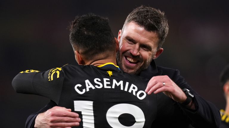 Manchester United boss Michael Carrick celebrates with Casemiro