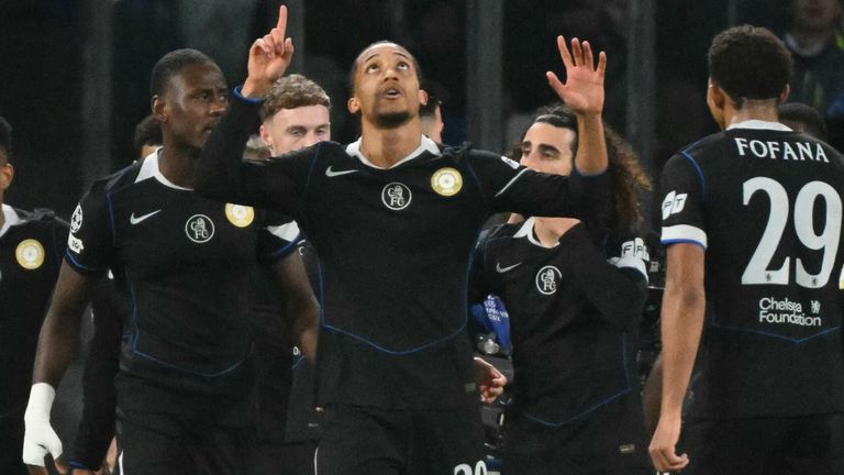 Joao Pedro celebrates after equalising for Chelsea in Naples