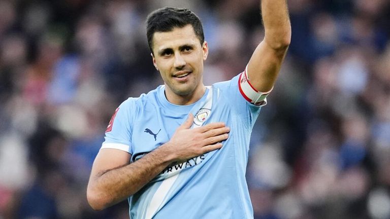 Rodri salutes the supporters after doubling Man City's lead against Exeter with a 30-yard strike