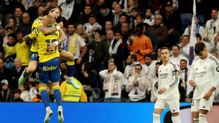 Fabio Silva celebrates scoring for Las Palmas against Real Madrid
