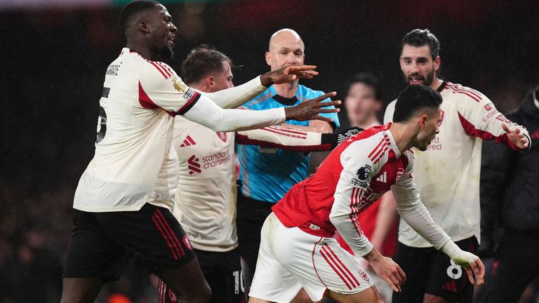 Gabriel Martinelli is shoved by Ibrahima Konate after the incident involving Conor Bradley