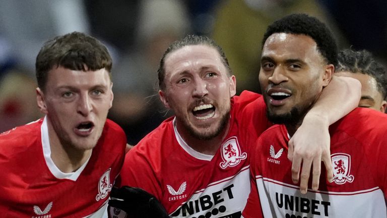 Middlesbrough's Delano Burgzorg (right) celebrates with team-mates Luke Ayling (centre) and Dael Fry after scoring the winner at West Brom