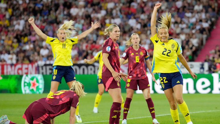 Smilla Holmberg (right) scored her first international goal against Germany during Euro 2025