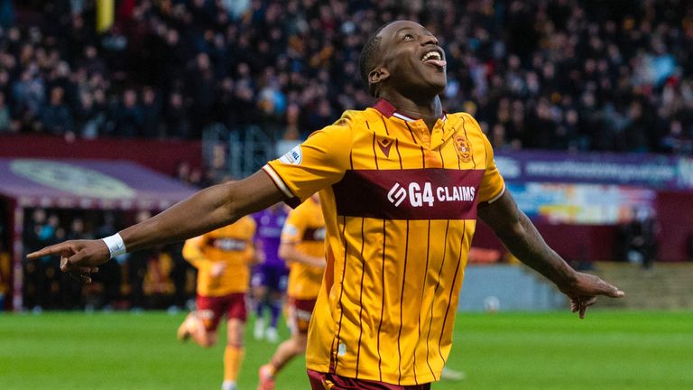 MOTHERWELL, SCOTLAND - JANUARY 03: Motherwell's Tawanda Maswanhise celebrates after scoring to make it 1-0 during a William Hill Premiership match between Motherwell and St Mirren at Fir Park, on January 03, 2026, in Motherwell, Scotland. (Photo by Sammy Turner / SNS Group)