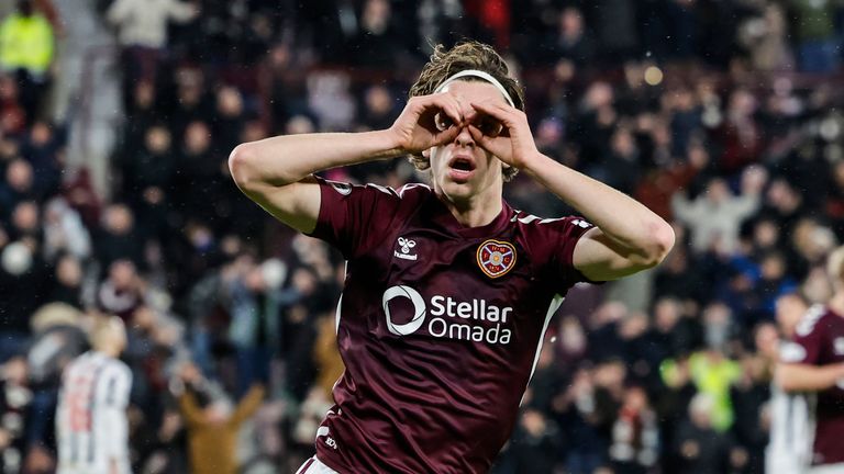 EDINBURGH, SCOTLAND - JANUARY 14: Hearts' Tomas Magnusson celebrates after scoring to make it 2-0 during a William Hill Premiership match between Heart of Midlothian and St Mirren at Tynecastle Park, on January 14, 2026, in Edinburgh, Scotland. (Photo by Mark Scates / SNS Group)