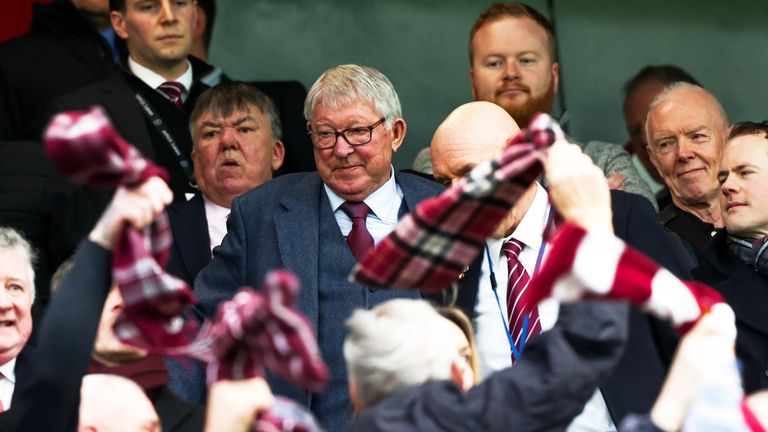 Sir Alex Ferguson watches on during a William Hill Premiership match between Hearts and Aberdeen