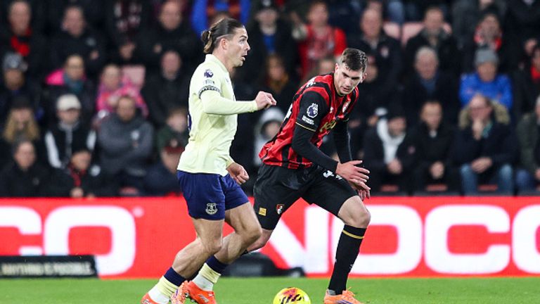 BOURNEMOUTH, ENGLAND - DECEMBER 02: Jack Grealish of Everton and Veljko Milosavljevic? of Bournemouth during the Premier League match between Bournemouth and Everton at Vitality Stadium on December 02, 2025 in Bournemouth, England. (Photo by Robin Jones - AFC Bournemouth/AFC Bournemouth via Getty Images)