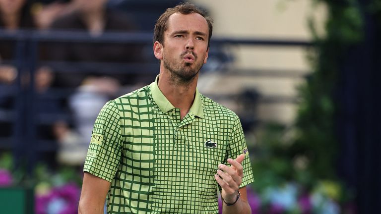 Russia's Daniil Medvedev reacts during his match against Canada's Felix Auger-Aliassime in the men's singles semi-final match at the Dubai D