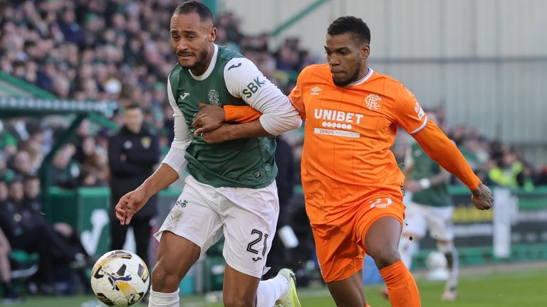 Hibernian's Jordan Obita (left) and Rangers' Dujon Sterling battle for the ball