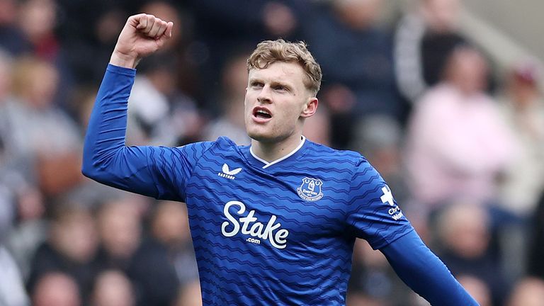Jarrad Branthwaite celebrates his goal for Everton