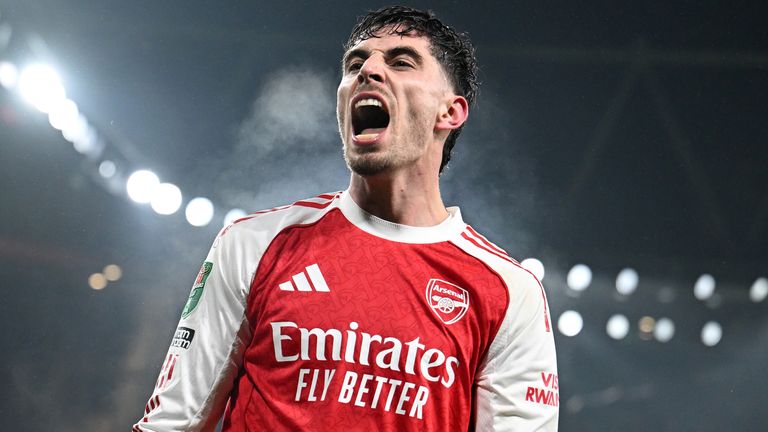 Kai Havertz celebrates his late goal which confirmed Arsenal's place in the Carabao Cup final