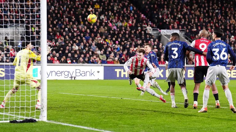 Brentford's Keane Lewis-Potter scores against Arsenal