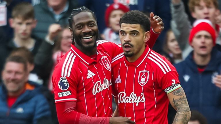 Nottingham Forest's Morgan Gibbs-White (right) celebrates with Ola Aina after scoring 