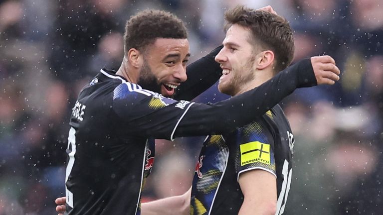 Anton Stach is hugged by Jayden Bogle after scoring for Leeds at Villa Park