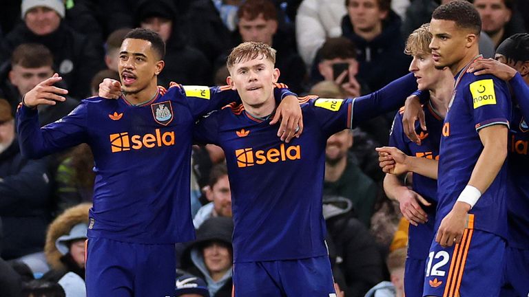 Lewis Hall celebrates after equalising for Newcastle at the Etihad