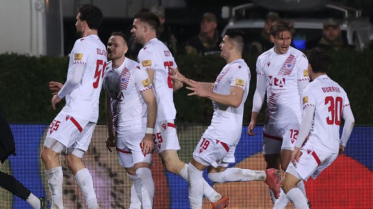 Zrinjski players celebrate after a goal during Europa Conference League play-off soccer match between Zrinjski and Crystal Palace in Mostar, Bosnia and Herzegovina, Thursday, Feb. 19, 2026. AP Photo/Armin Durgut)