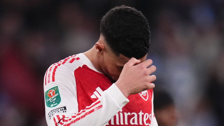 William Saliba shows his dejection during the defeat to Man City