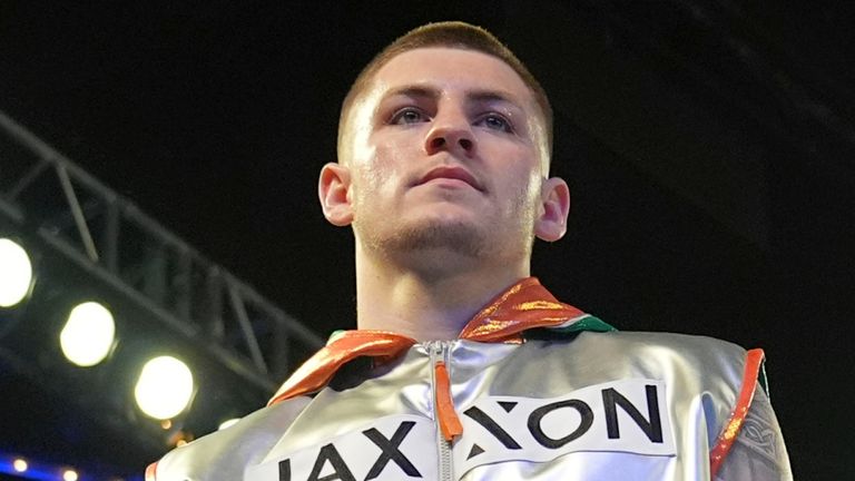 Ireland's Callum Walsh arrives for a super welterweight boxing match against Scotland's Dean Sutherland Sunday, March 16, 2025, in New York. (AP Photo/Frank Franklin II)