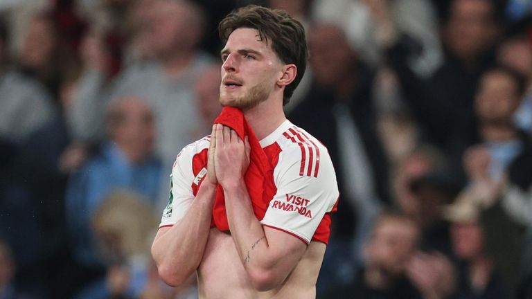 Declan Rice reacts to Arsenal's loss to Manchester City in the Carabao Cup Final