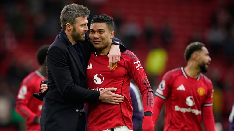 Michael Carrick and Casemiro celebrate Man Utd's win over Aston Villa