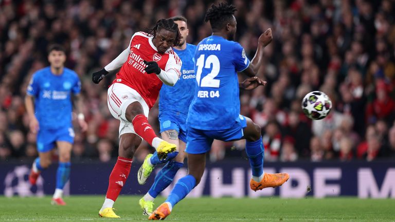Eberechi Eze volleys Arsenal in front against Bayer Leverkusen